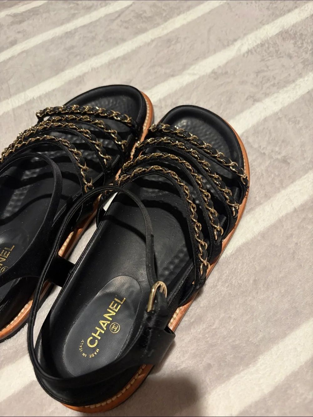 CHANEL Black and Gold Chain-Strap Women’s Sandals